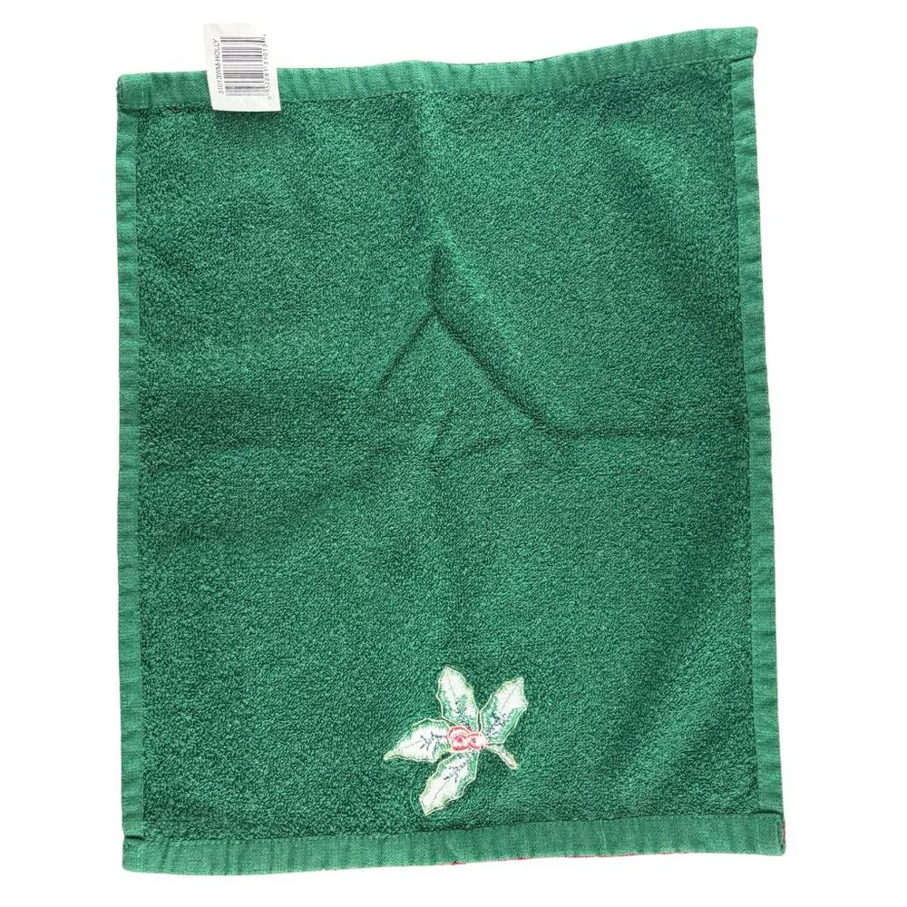 Holiday Christmas Hand Towel Green Red Holly Embroidered Kitchen Decor